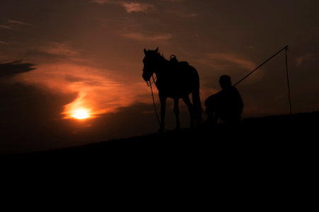Silhouette of a man and a horseの写真素材
