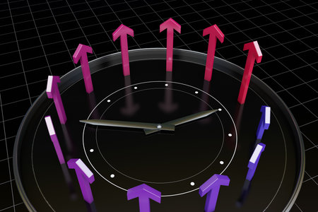 A clock and arrows, representing as time goes by, the achievements and results, but also represents the success in her careerの写真素材