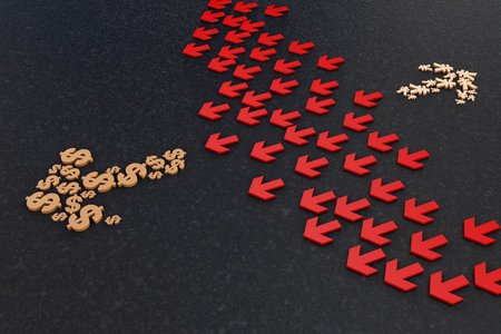 Red arrows and the arrow of the currency symbolの写真素材