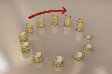 Financial arrows and gold coins, business finance, wealth accumulationの写真素材