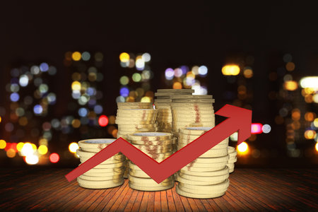 Financial arrows and gold coinsの写真素材