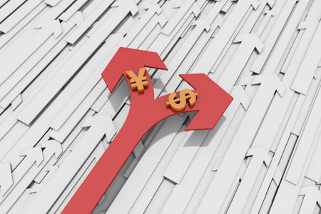 An arrow that is not the same as the direction of a currency symbol.の写真素材