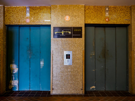 Wide angle view of an empty lift lobby in an old industrial buildingの写真素材