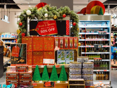 SINGAPORE - 17 NOV 2019 - Christmas biscuits and chocolates food display at a Marks & Spencer store in Jewel, Changi Airport, Singaporeのeditorial素材
