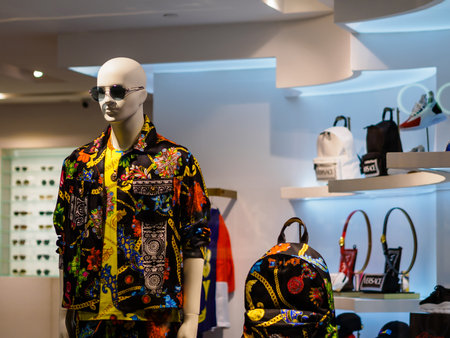 SINGAPORE - 25 MAR 2019 - Merchandise display of a Versace Italian luxury fashion store at Paragon Mall, Singaporeのeditorial素材