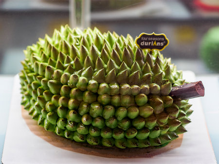 SINGAPORE - 17 NOV 2019 â A durian shaped and durian flavoured cake at a durian themed eatery in Singaporeのeditorial素材