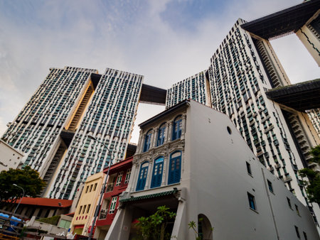SINGAPORE - 13 APR 2019 â Low angle of the Pinnacle@Duxton / Pinnacle, a government built public housing developmentのeditorial素材