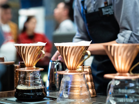 TIANJIN, CHINA - 6 OCT 2019 -  Close up of pour-over coffee preparation at a cafe in Tianjin, Chinaのeditorial素材