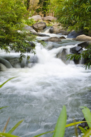 Waterfall on the Mountain Stream in the Forestの写真素材