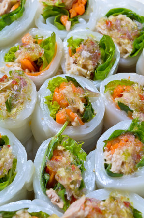 Fish and vegetables wrapped with noodles,Thai foodの写真素材
