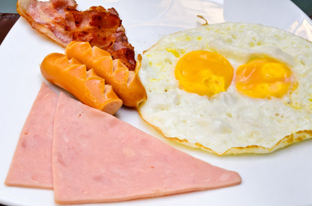 Wonderful morning breakfast, Fried egg, Sausage, Ham, Baconの写真素材