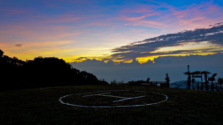 Helipad on top of the mountain at sunrise  Doi Ang Khang  Chiang Mai  Thailandの写真素材