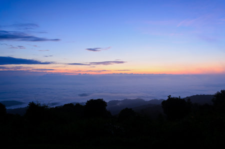 Sea of mist on sunrise  View from high mountain   Huai Nam Dang national park Thailandの写真素材