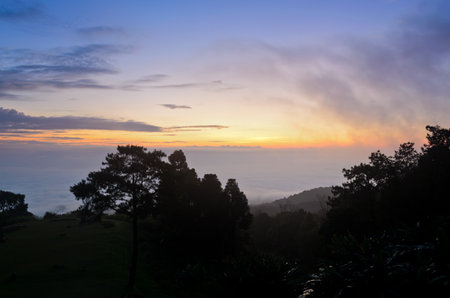 Sea of mist on sunrise  View from high mountain   Huai Nam Dang national park Thailandの写真素材