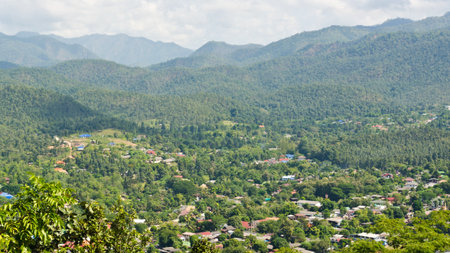 High angle view of Mae Hong Son City, northern Thailand の写真素材