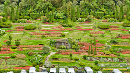 Large park on a hill, flower garden for relaxing  16 9の写真素材