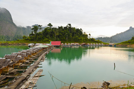 Atmosphere of the resort in the morning at Ratchaprapha Dam, Khao Sok National Park, Surat Thani Province, Thailandのeditorial素材