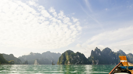 Beautiful high mountains and green river in the morning at Ratchaprapha Dam, Khao Sok National Park, Surat Thani Province, Thailand, 9 16   Guilin of Thailand  の写真素材