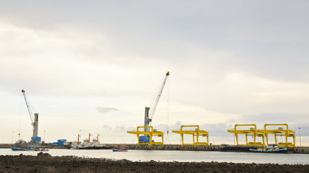 Crane for lifting a load up and down the ship  In deep water harbor area of Thailand, 16 9の写真素材