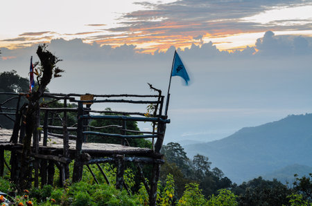 Podium for natural view on viewpoint Doi Ang Khang mountains at sunrise in Chiang Mai province of Thailandの写真素材