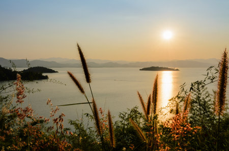High angle view beautiful lake at sunset on the Kaeng Kra Chan Dam view point in  National Park, Phetchaburi Province, Thailandの写真素材