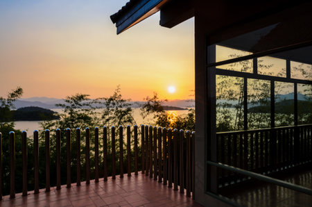 High angle view beautiful lake at sunset from resort in Kaeng Kra Chan National Park, Phetchaburi Province, Thailandの写真素材