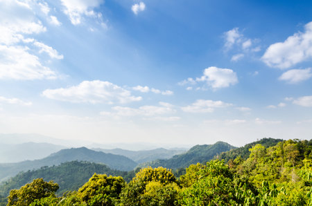 High angle view blue sky over mountain from Panoen Thung scenic point at Kaeng Krachan National Park Phetchaburi province in Thailandの写真素材