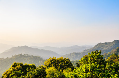 High angle view sky over mountain at sunset from Panoen Thung scenic point in Kaeng Krachan National Park Phetchaburi province Thailandの写真素材