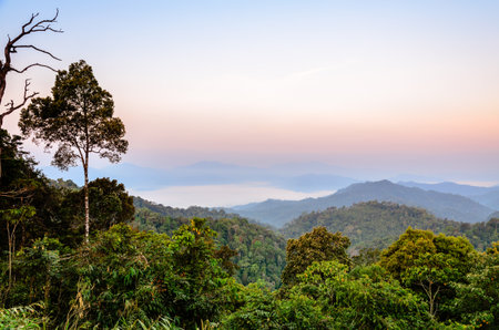 Beautiful mountain range in the morning from Panoen Thung scenic point at Kaeng Krachan National Park Phetchaburi province in Thailandの写真素材
