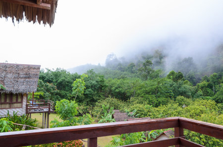 High angle view beautiful of fog over the forest and mountains at morning from balcony cabin in resort, Thailandの写真素材