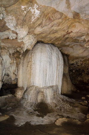 Stalactite and stalagmite in cave at Tham Lod National Park, Mae Hong Son Province, Thailandの写真素材