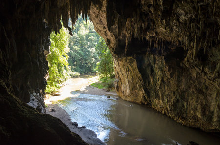 One side of entrance to a cave with stalagmite and stalactite at Tham Lod National Park, Mae Hong Son Province, Thailandの写真素材