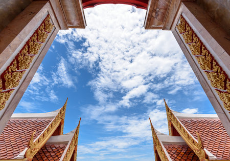 Sky background look through the frame of building and roof thai styleのeditorial素材