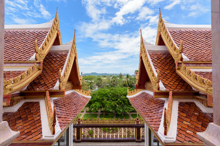 Thai style ancient roof and sky in the temple Thailandのeditorial素材