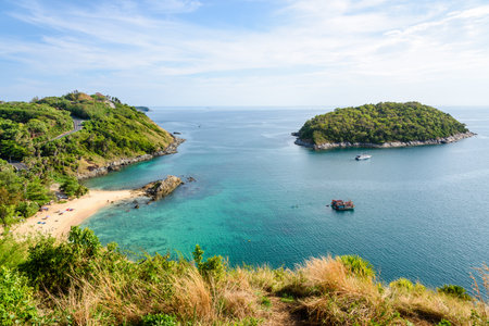 High angle view beautiful landscape of the island and Andaman sea from Windmill viewpoint is a famous attractions of Phuket Province in Thailandの写真素材