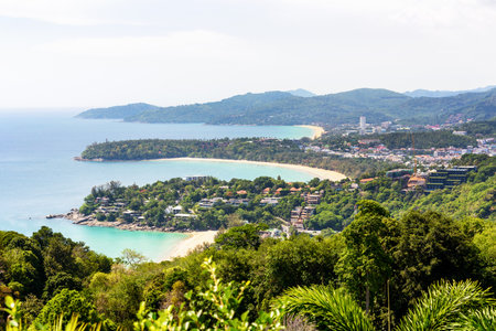 High scenic view beautiful landscape three beach and sea at Hat Kata Karon Viewpoint in Phuket island, Thailandの写真素材