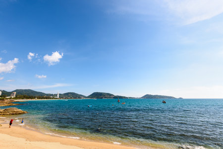 Beautiful landscape Hat Kalim Beach and Andaman Sea under sky sunny at the summer, famous attractions in Phuket island of Thailandの写真素材