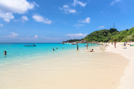 PHANG NGA, THAILAND - APRIL 30 2015: Tourists are enjoying clear water at the beach of Koh Miang island is a beautiful attractions and famous for sea in Mu Ko Similan National Park, Phang Nga Province, APRIL 30 2015 in Thailandのeditorial素材