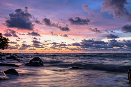 Beautiful landscape of sky and clouds above the sea during sunset at Khao Lak Beach in Khao Lak-Lam Ru National Park, Takuapa, Phang Nga province, Thailandの写真素材