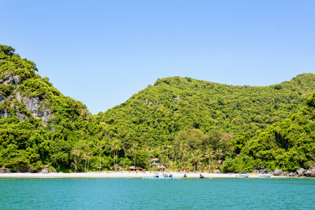 Beautiful natural landscapes of the island, beach and sea during summer at the floating pier front of the Ko Wua Talap island in Mu Ko Ang Thong National Marine Park, Surat Thani province, Thailandの写真素材