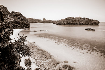Sepia color light brown two tone, high angle view beautiful natural landscape of the beach, floating pier and sea on island from Ko Wua Talap viewpoint at Mu Ko Ang Thong National Park, Surat Thani, Thailandの写真素材