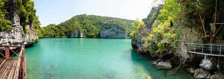 Panorama Thale Nai view, Blue Lagoon (Emerald Lake) beautiful nature landscape green sea in the middle of mountain at Koh Mae Ko island viewpoint in Mu Ko Ang Thong National Park, Surat Thani, Thailandの写真素材