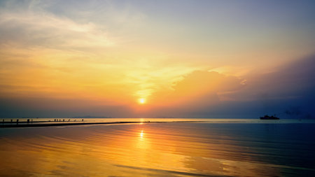 Beautiful nature landscape of big passenger boat on the sea. And colorful of the sunset sky at Nathon Beach Viewpoint, Ko Samui island, Surat Thani, Thailand, 16:9 widescreenの写真素材