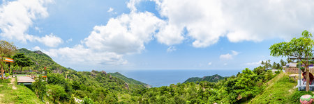 Panorama high angle view beautiful nature landscape blue sea at Aow leuk bay under the summer sky from viewpoint on Koh Tao island is a famous tourist attraction in Surat Thani, Thailandの写真素材