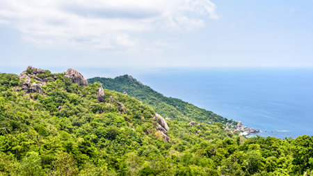 Beautiful nature landscape blue sea at Aow leuk bay under the summer sky from high scenic view point on Koh Tao island is a famous tourist attraction in Surat Thani, Thailand, 16:9 widescreenの写真素材