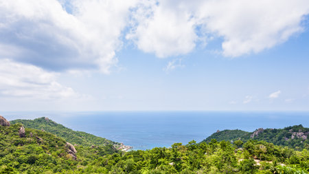 Beautiful nature landscape blue sea at Aow leuk bay under the summer sky from high scenic view point on Koh Tao island is a famous tourist attraction in Surat Thani, Thailand, 16:9 widescreenの写真素材