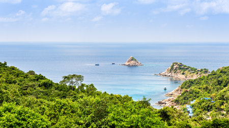 Beautiful nature landscape blue sea at Aow leuk bay under the summer sky from high scenic view point on Koh Tao island is a famous tourist attraction in Surat Thani, Thailand, 16:9 widescreenの写真素材