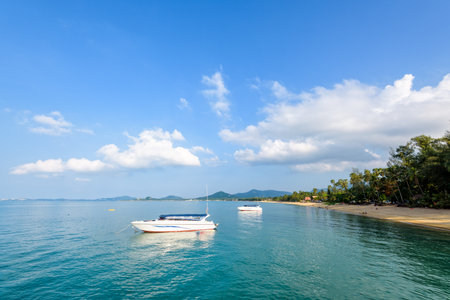 Beautiful natural landscape speed boats floating on the sea under the summer blue sky front of the Na Phralan beach in Ko Samui island is a famous attractions of Surat Thani province, Thailandの写真素材