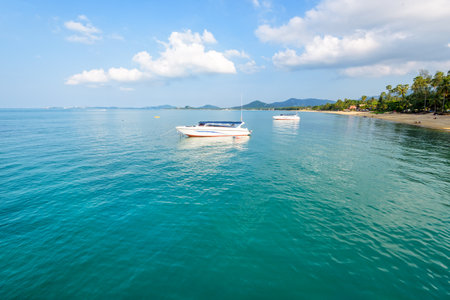 Beautiful natural landscape speed boats floating on the sea under the summer blue sky front of the Na Phralan beach in Ko Samui island is a famous attractions of Surat Thani province, Thailandの写真素材
