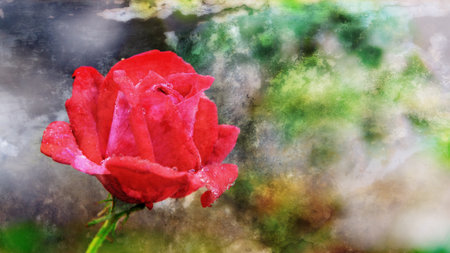 Abstract style add grunge texture for vintage background, close-up red rose flower blooming on the branch, 16:9 wide screenの写真素材